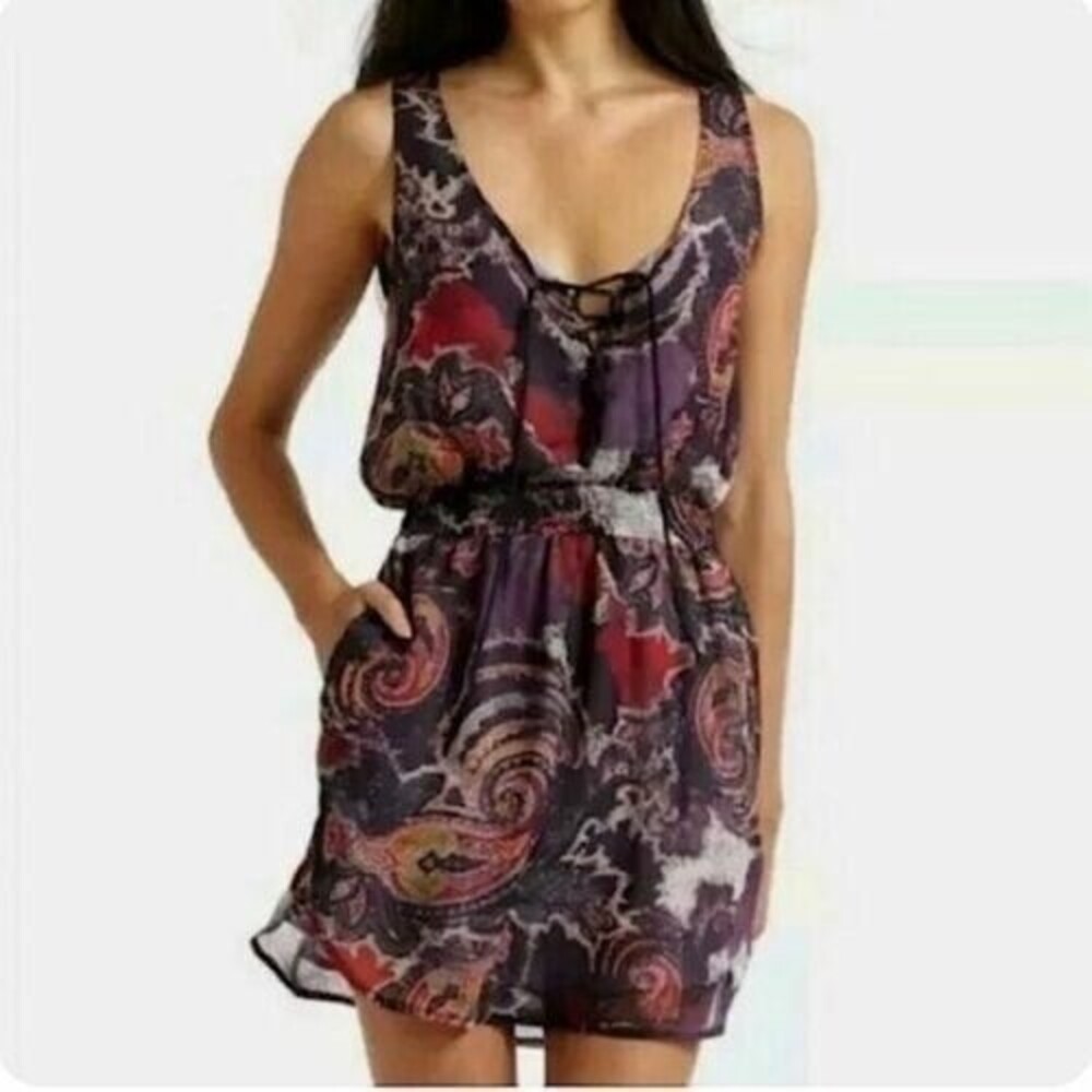 Free People Falling For Georgette Dress Size XS Smocked Paisley Eggplant NEW B99